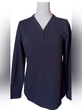 Elegant Blue Long Sleeve V-Neck Top 60%Cotton 40%Polyester